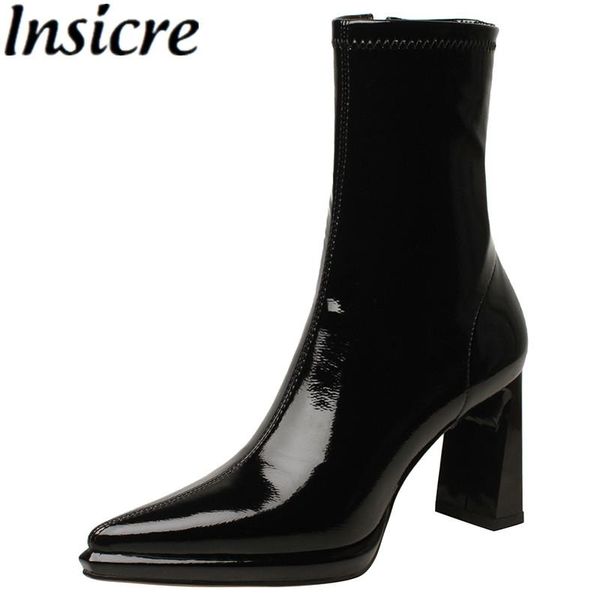 

boots insicre elastic fabric 2021 autumn women ankle zipper pointed toe beige platform high heel shoes patent leather, Black