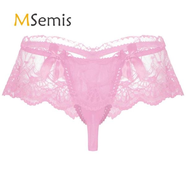 

mens lingerie sissy panties see-though lace bowknot briefs underwear nightwear low waist open bulge pouch thongs underpants