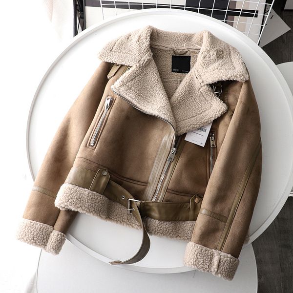 

2021 new winter women pu faux lamb leather jacket with belt streetwear suede turndown collar thick warm coat black outwear b4sd