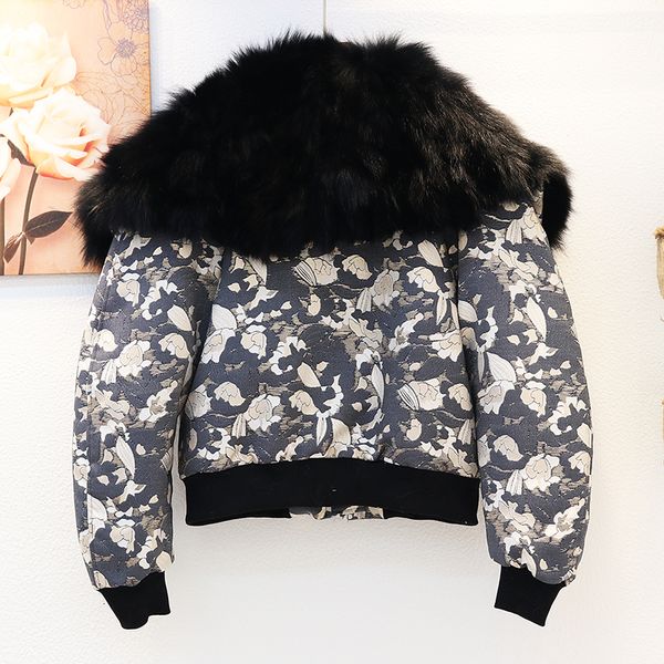 

2021 winter thick warm big fox fur collar print jacket women casual loose short zipper quilted coat outwear female inaq, Black;brown