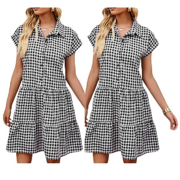

party dresses 2pcs women's fashion plaid lapel loose dress black, s & l, White;black
