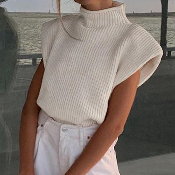 

women's vests turtleneck sleeveless vest sweater women 2021 with shoulder pads knitted pullover autumn winter jumper casual, Black;white