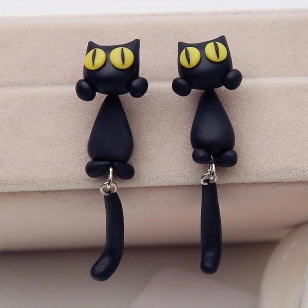 

stud unique yellow-eye cat earrings cartoon long tail splits type cute women d88, Golden;silver