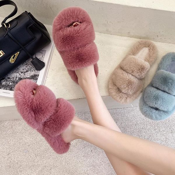 

slippers winter women faux fur home cozy furry slides comfortable open toe designer fluffy plush warm house shoes#f3, Black