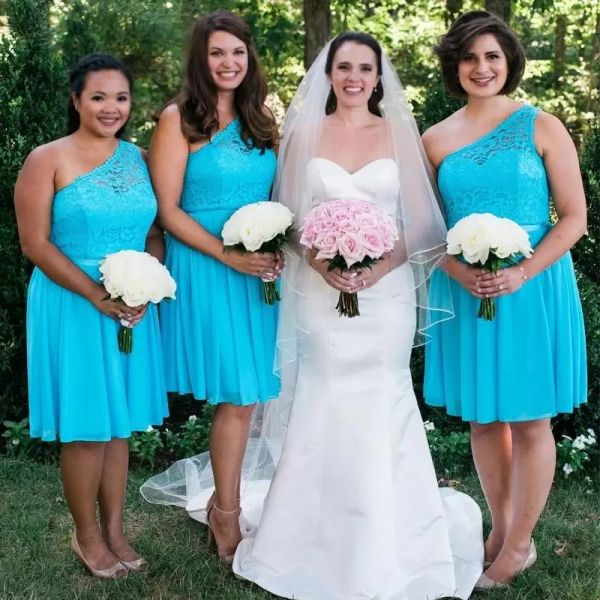 

plus size blue bridesmaid dresses one shoulder a line sleeveless knee length chiffon lace pleats custom made maid of honor gown country wedd, White;pink