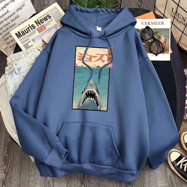 

ukiyo men's hoodie, shark print, polar loose, pocket, retro, fashion, animation t-shirt, punk, Black