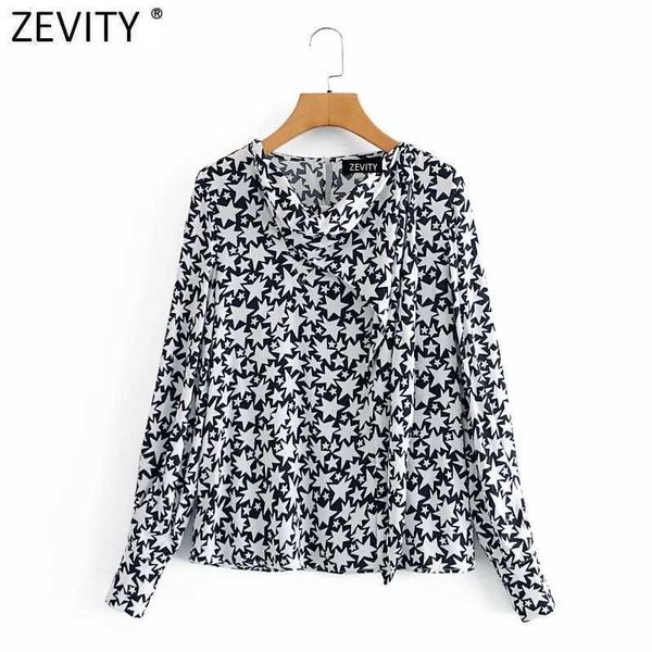 Zevity Frauen Mode Unregelmäßige Sterne Druck Casual Smock Bluse Büro Dame Langarm Pullover Hemd Chic Blusas Tops LS7433 210603