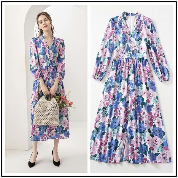 

2021 spring and summer new women's fashion printed v-neck bubble sleeve waist slim dress swing dress, Black;gray