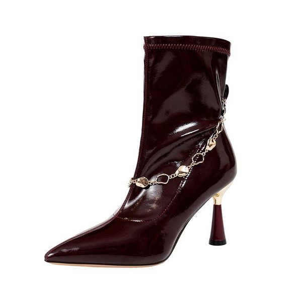 

boots women's ankle 2021 winter fashion chain female stretch ladies party high heel women botas mujer, Black