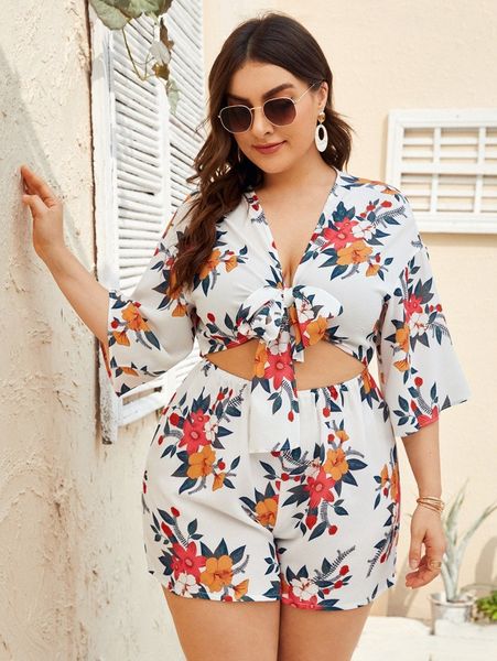 

plus floral cut out tie front romper n2zs#, Black