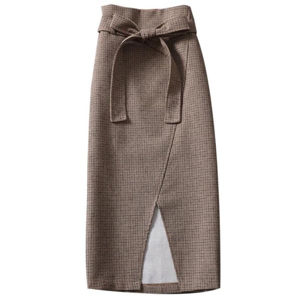 

skirts 2021 autumn and winter small fresh houndstooth plaid package hip women straight split high waist british style skirt a-line, Black