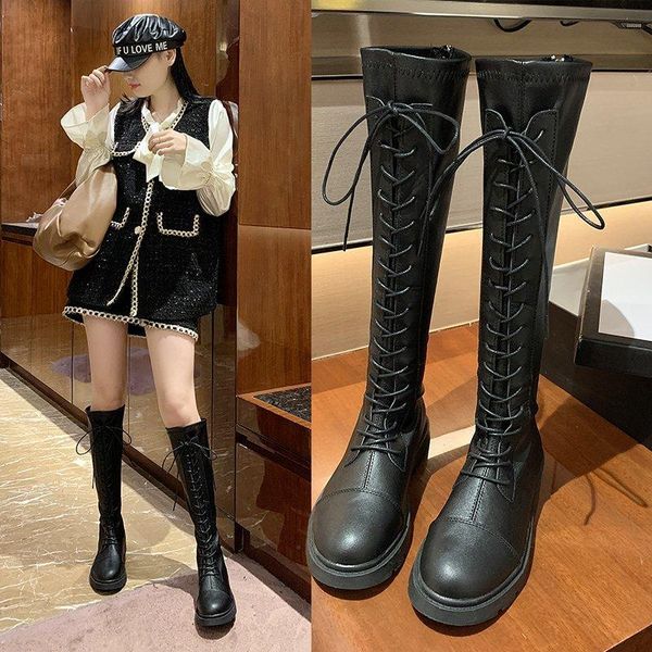 

boots shoes women 2021 zipper winter footwear thigh high heels round toe ladies low rock leather autumn rubb, Black