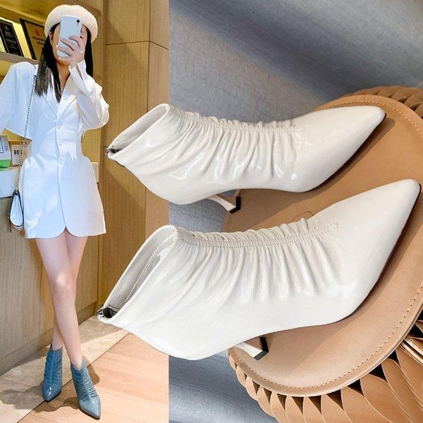 

boots elegant ankle for women high heels pleated fashion short shoes autumn spring thin heel ladies pumps footwear, Black