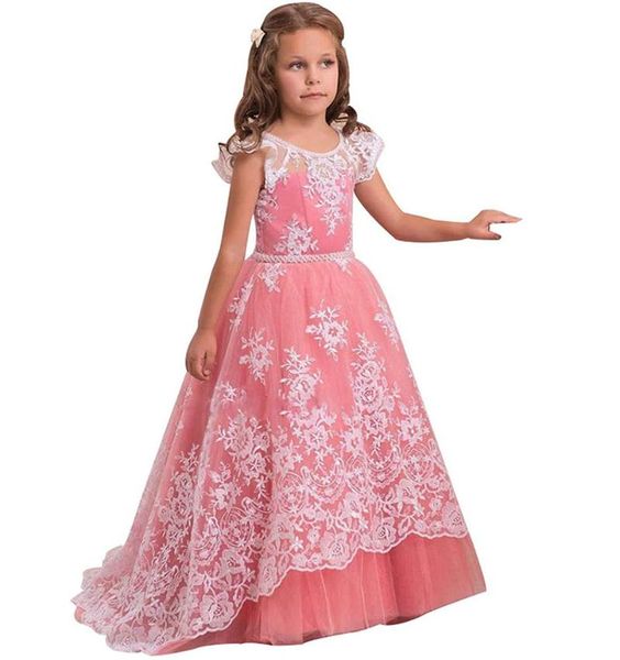 

girl's dresses o-neck lace applique kids formal wear baby children party dress girls pageant birthday christmas custom flower, Red;yellow