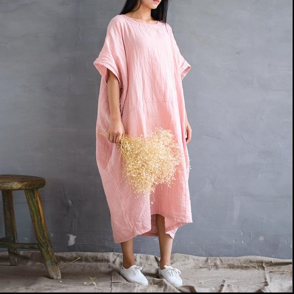 

women cotton linen dress 2021 new vintage summer robe bat sleeve plus size women clothes o neck loose 3 color dresses, Black;gray