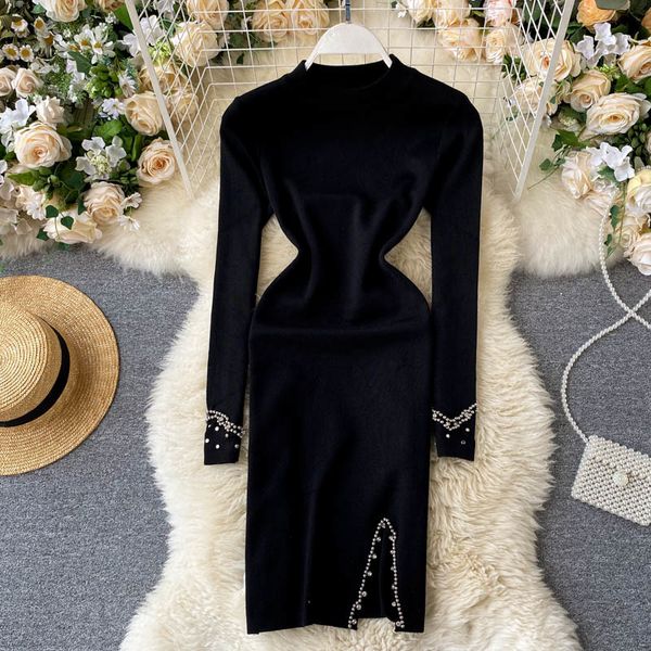 

2021 vintage black beading bodycon autumn round neck high waist long sleeve vestidos mujer casual knitted es jo9x, Black;gray