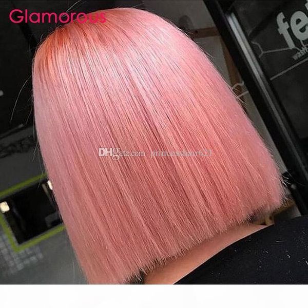 

pink human hair lace front wig peruvian straight wig short bob lace front wig pre plucked remy hair, Black;brown
