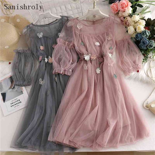 

sanishroly summer autumn women long a-line dress sweet floral butterfly lace dress female short sleeve mesh dress vestidos cd086 210630, Black;gray