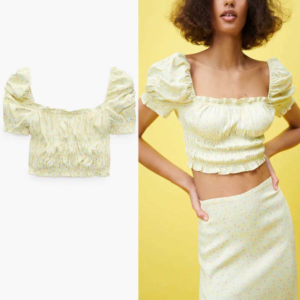 

za elastic flower print cropped blouse women short puff sleeve ruched vintage yellow summer feminine square neck shirt 210602, White
