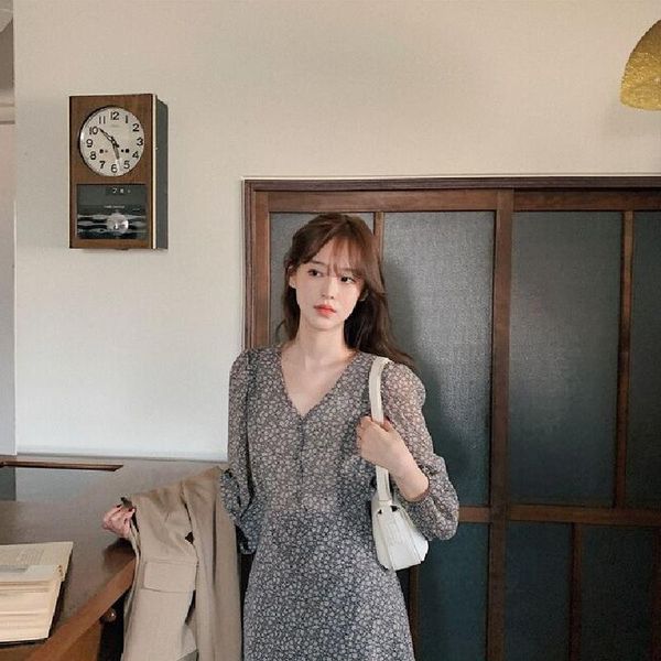 

casual dresses s-xl plus size spring dress girls boho chiffon female vintage party oversize long sleeve women robe vestido, Black;gray