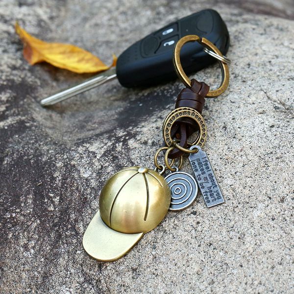 

the new creative keychain men and women small gift alloy baseball cap retro weaving cow leather keychain leather accessories, Silver