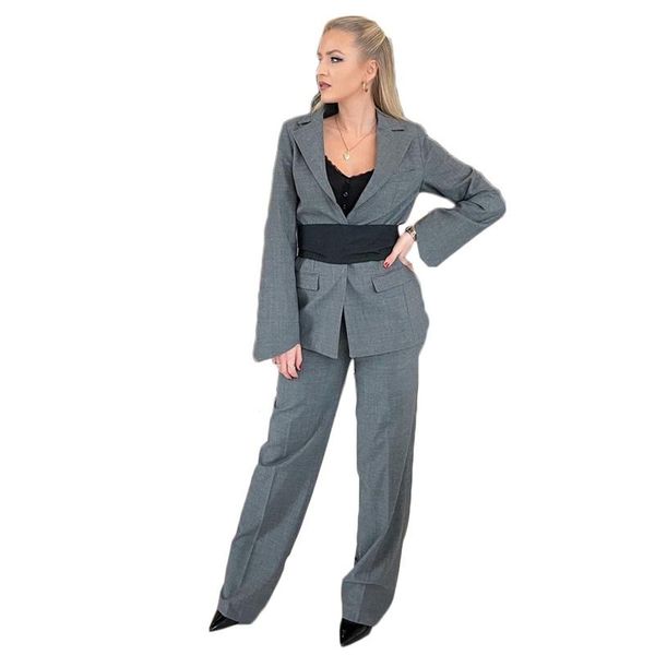 

women's two piece pants 2 pieces grey women suits with belt custom made fashion coat+pant formal casual double breasted party for, White
