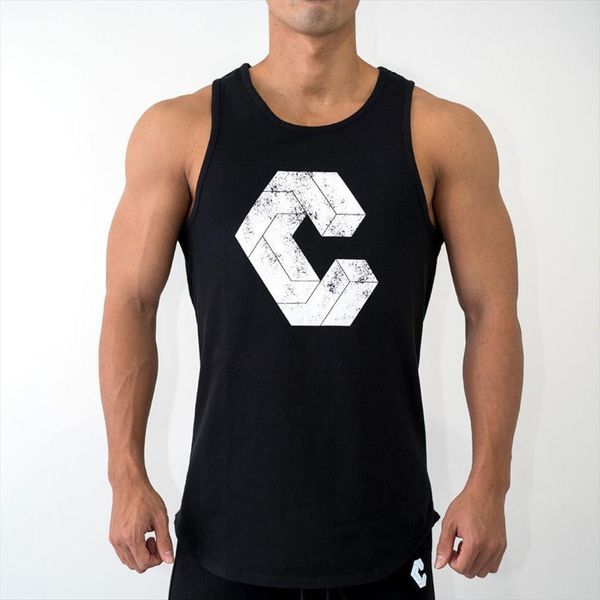 

men bodybuilding tank gyms workout fitness cotton sleeveless shirt crossfit clothing stringer singlet male casual print vest, White;black