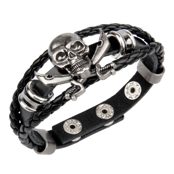 

charm bracelets stainless steel men's adjustable leather bracelet multilayer braided retro skull design 2021, Golden;silver