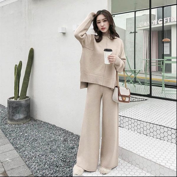 

the drape knitting wide legged pants suit two piece women new winter cashmere sweater wide legged pants western style suits, White;black