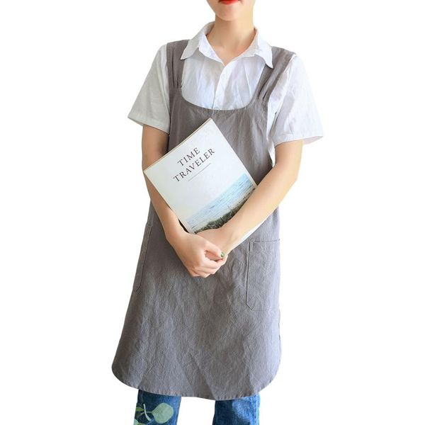 

aprons japanese style cotton linen apron women retro solid color strap pinafore with pocket practical household product vest