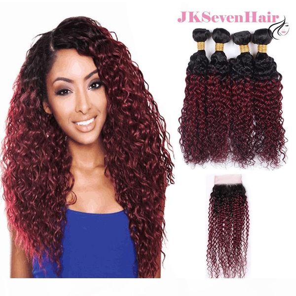 

1b burgundy curly wave brazilian virgin hair extensions 4pcs with 4x4 inch lace closure dark roots burgundy peruvian malaysian hair weaves, Black