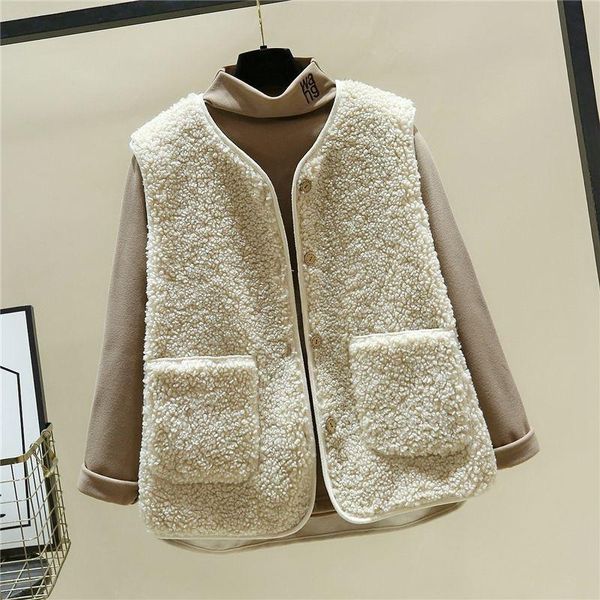 

women's fur & faux 2021 winter short lamb plush waistcoat female korean version of one-match loose-fitting jacket, Black