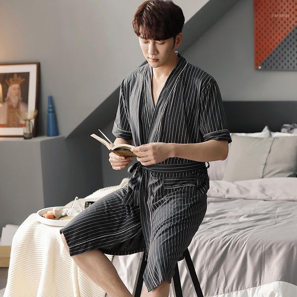 

men's sleepwear spring summer blanck stripe cotton robe for men loose casual short sleeve bathrobe male daily homewear large size cozy, Black;brown