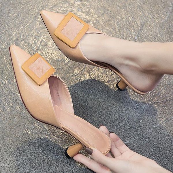 

slippers women high heels pointed toe sandals fashion square buckle baotou female dress shoes summer beach, Black