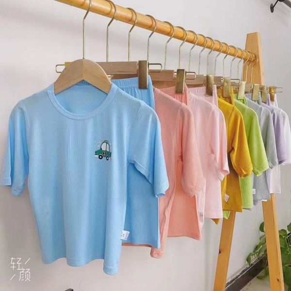 

children's seven point sleeve bottoming shirt, boys girls pajamas suit mask t, home furnishing, air conditioning, and summer, Blue;red