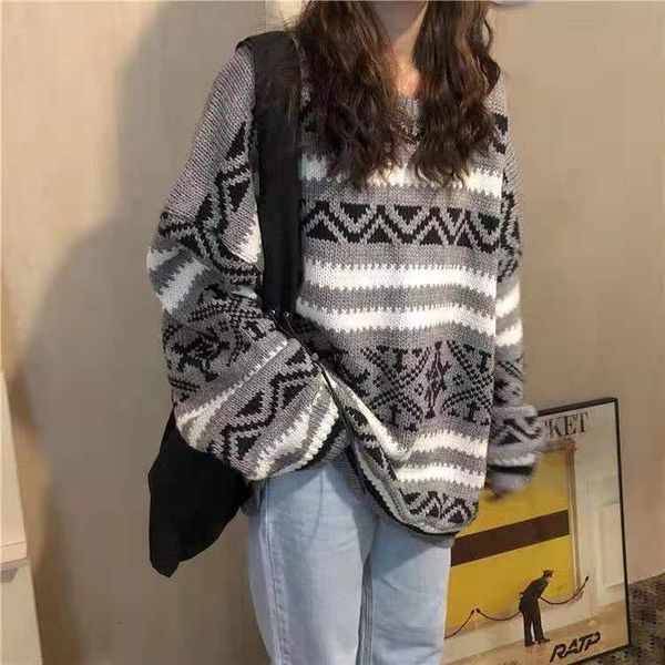 

2021 do vintage roupas inverno feminino geometria coreana impresso pullove manga longa crewneck camisola b 3nr6, White;black