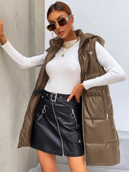 

zip up drawstring hooded pu leather puffer vest coat f8om#, Black