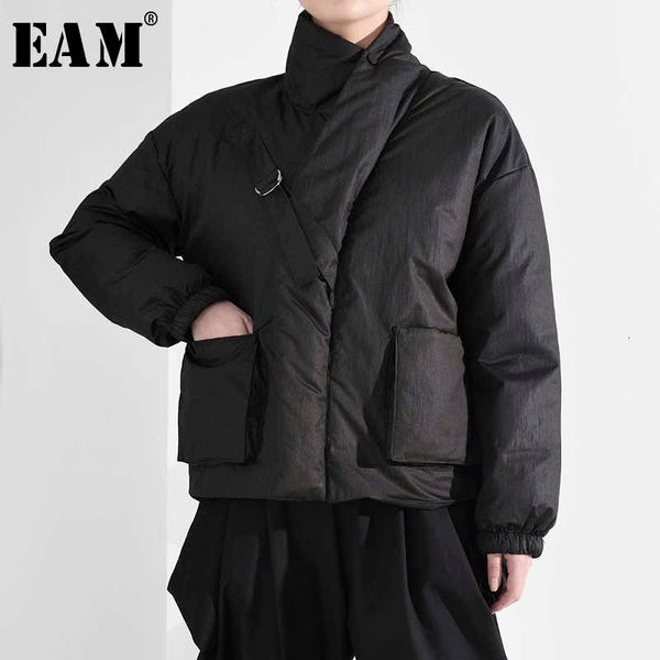 

eam] black pocket big size short cotton-padded coat long sleeve loose fit women parkas fashion new spring autumn a819 201014