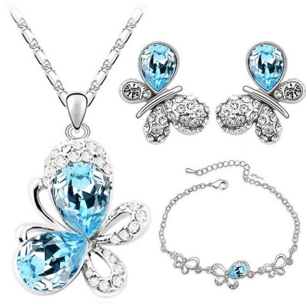

pendant necklaces austrian crystal butterfly fashion jewelry sets necklace earrings bracelet accessories for women cute romantic gifts, Silver