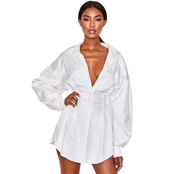 

Women' Autumn Long Sleeve Solid Lapel Shirt Dress 2019 Mini Sexy Dress Casual Loose Tops Blouse, White