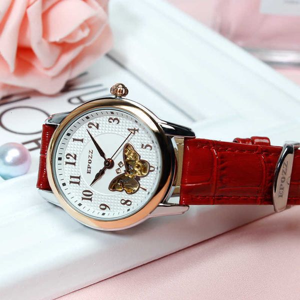 

epozz butterfly automatic watch mechanical women watches leather strap ladies casual red female clock relogios feminin, Slivery;brown