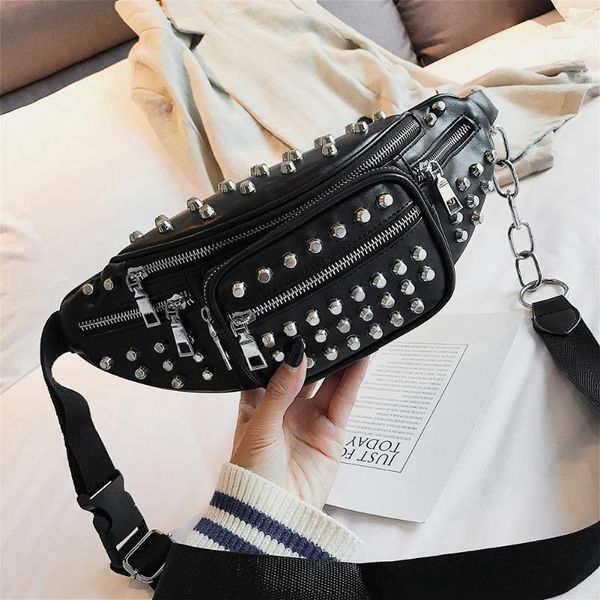 

waist bags ljl-punk style rivet pu leather casual bag women sling shoulder phone fanny pack ladies chest belt bags(black)