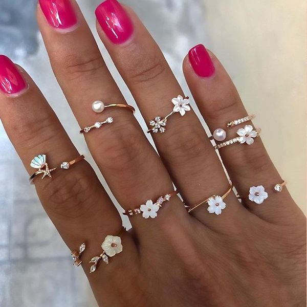 

cluster rings sweet 9 pcs/set crystal flower shell imitation pearl set lovely fashion gold for women jewelry gifts, Golden;silver