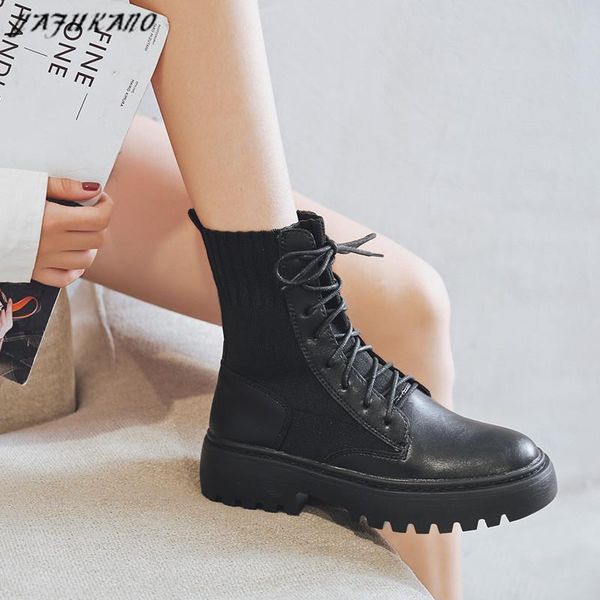 

boots platform sock shoes plus velvet thick sole british style lace-up women ankle genuine leather motorcycle, Black