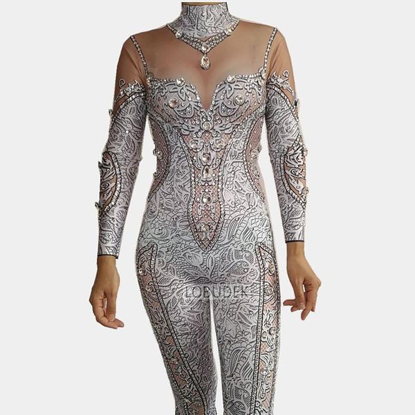 

women's jumpsuits & rompers 3d printed glass crystals jumpsuit rhinestones stretch leotard bodysuit female singer nightclub clothing pa, Black;white