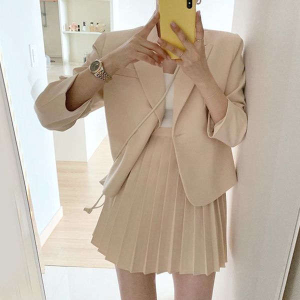 

korean french temperament lapel one button long-sleeved suit jacket + high waist pleated skirt skirt female, Black;brown
