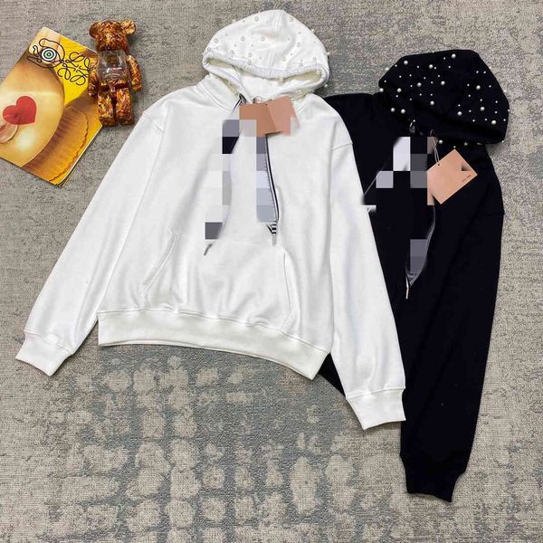 

brand hoodie chaopai series 21 early autumn new hat heavy industry nail bead technology loose and comfortable drawstring sweater top, Black