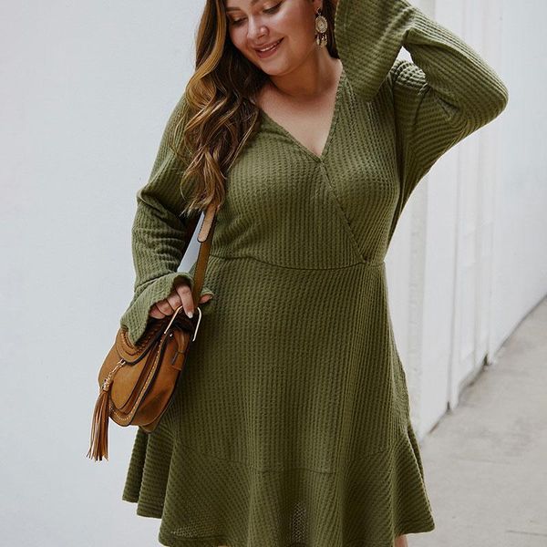 

casual dresses fashion plus size women's long-sleeved v-neck knit dress europe and the united states 2021 autumn winter trendy, Black;gray