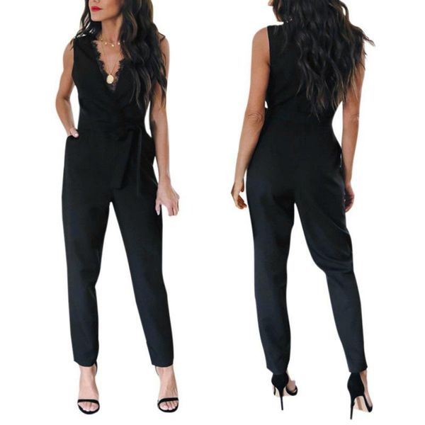 

women's jumpsuits & rompers 2021 women spring summer high waist vest solid color loose jumpsuit deep v open back, Black;white