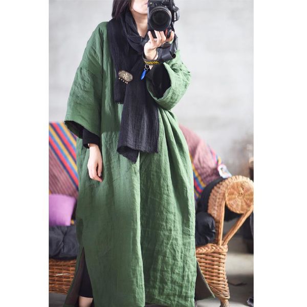 

women winter parkas 2021 cotton linen thick v neck solid color cotton-padded vintage long coat women loose parkas yoyikamomo, Black